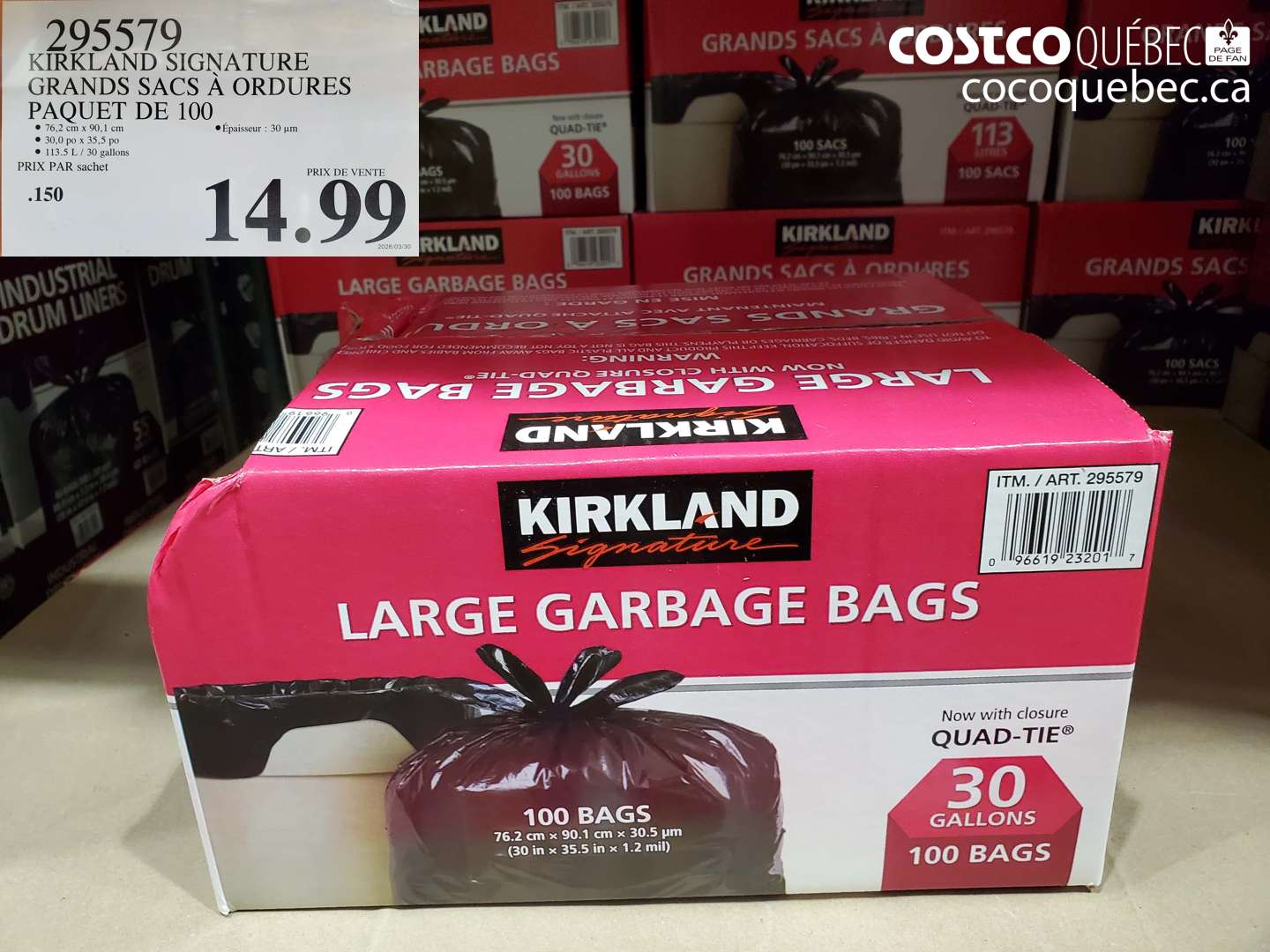 295579 KIRKLAND SIGNATURE GRANDS SACS À ORDURES PAQUET DE 100 $14.99