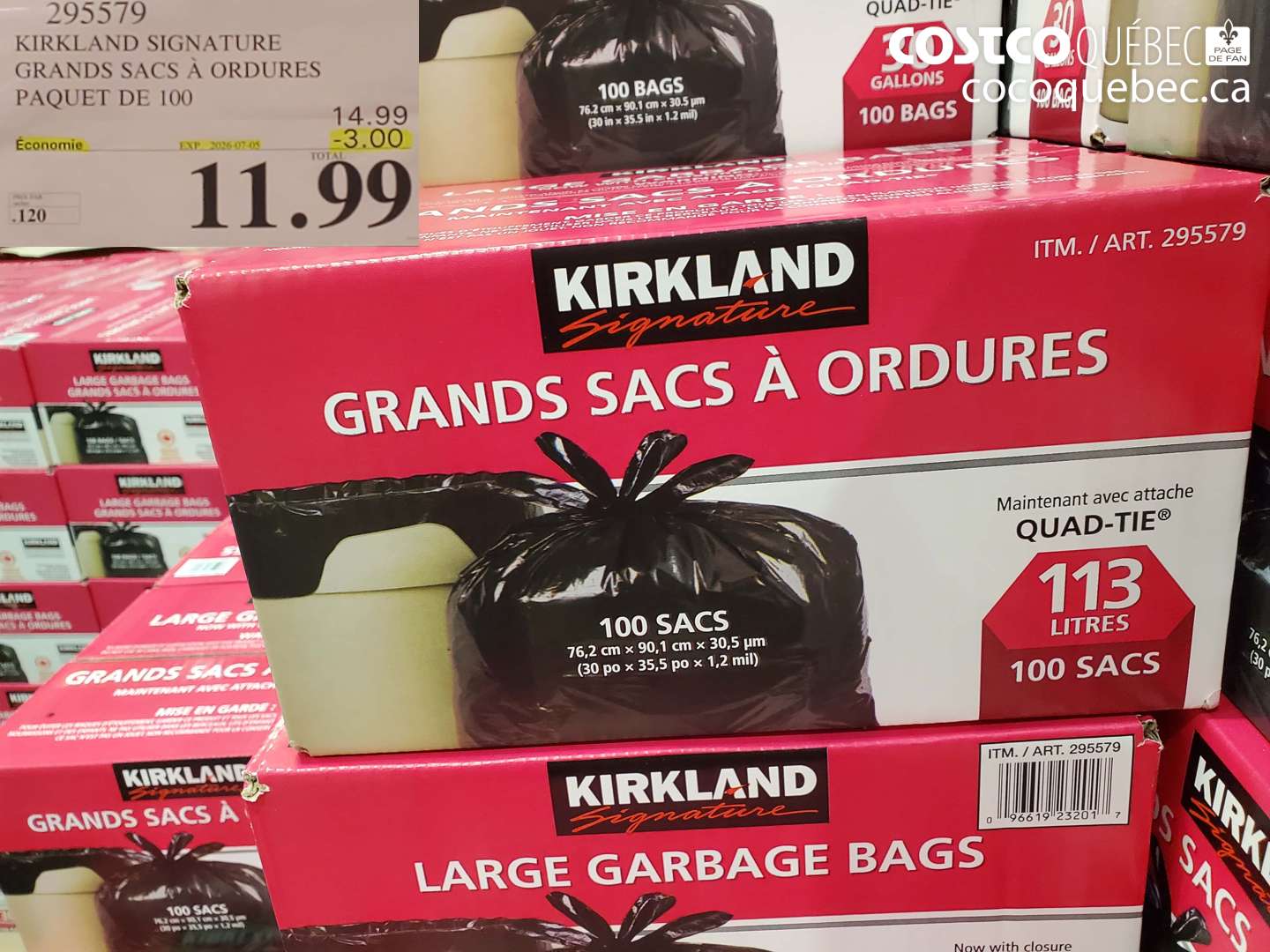 295579 KIRKLAND SIGNATURE GRANDS SACS À ORDURES PAQUET DE 100 ($3.00 INSTANT SAVINGS EXPIRES ON 2026-07-05) $11.99