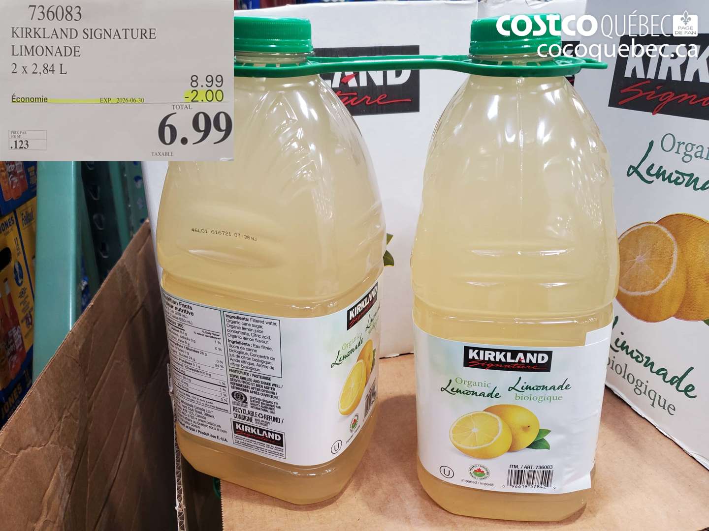 736083 KIRKLAND SIGNATURE LIMONADE 2 X 2.84 L ($2.00 INSTANT SAVINGS EXPIRES ON 2026-06-30) $6.99