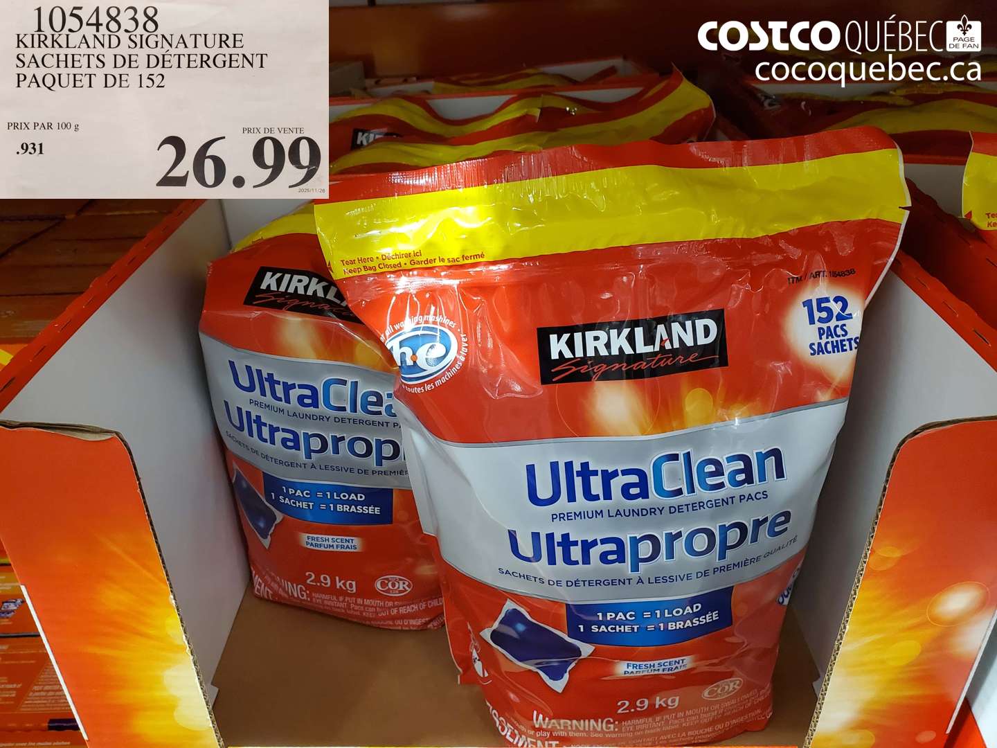 1054838 KIRKLAND SIGNATURE SACHETS DE DÉTERGENT PAQUET DE 152 $26.99