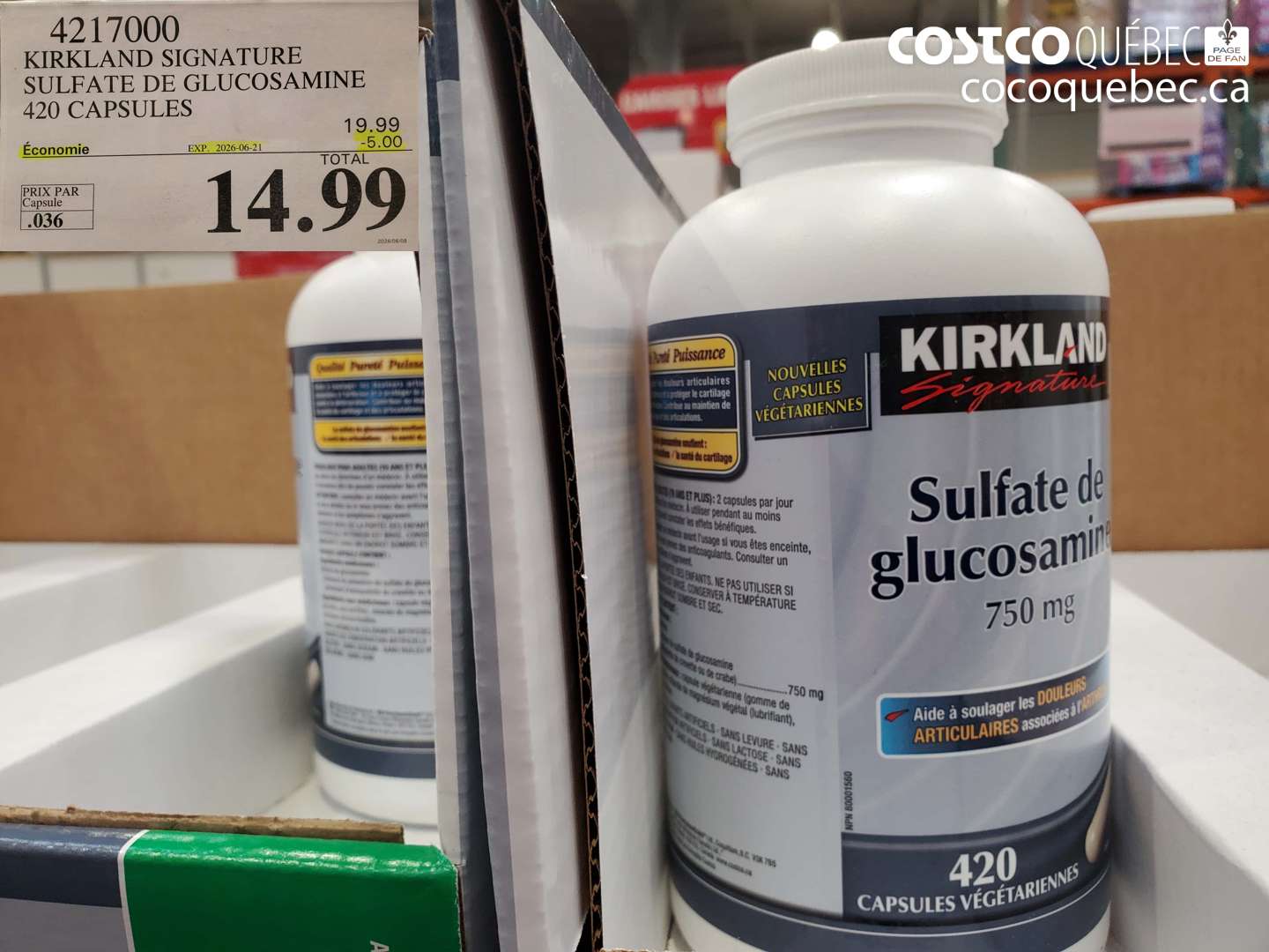 4217000 KIRKLAND SIGNATURE SULFATE DE GLUCOSAMINE 420 CAPSULES ($5.00 INSTANT SAVINGS EXPIRES ON 2026-06-21) $14.99