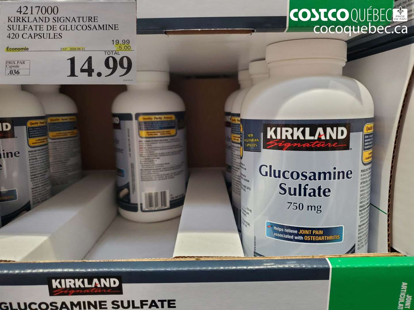 4217000 KIRKLAND SIGNATURE SULFATE DE GLUCOSAMINE 420 CAPSULES ($5.00 INSTANT SAVINGS EXPIRES ON 2026-06-21) $14.99