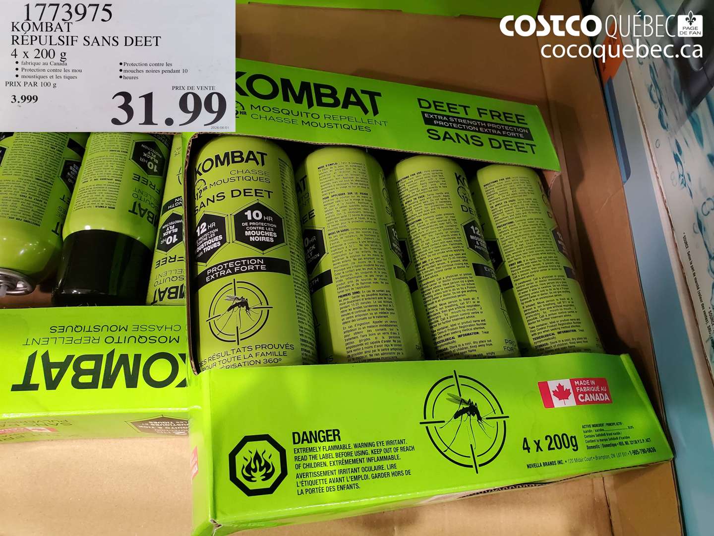 1773975 KOMBAT RÉPULSIF SANS DEET 4 X 200 G $31.99