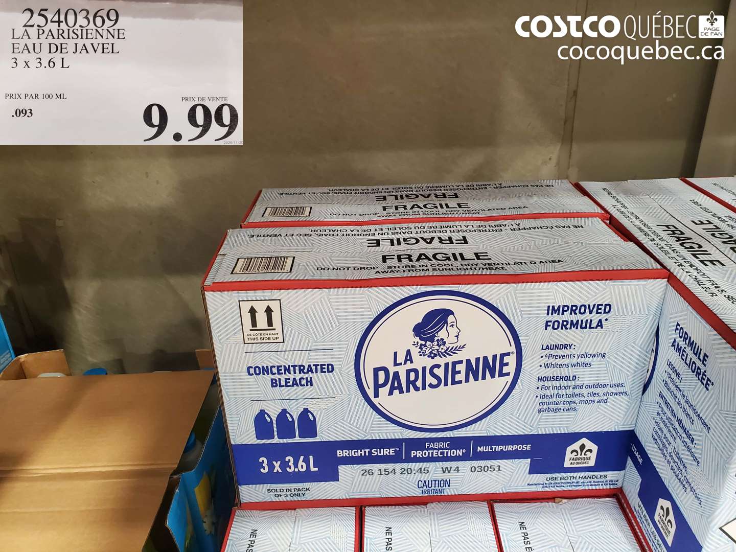 2540369 LA PARISIENNE EAU DE JAVEL 3 X 3.6 L $9.99