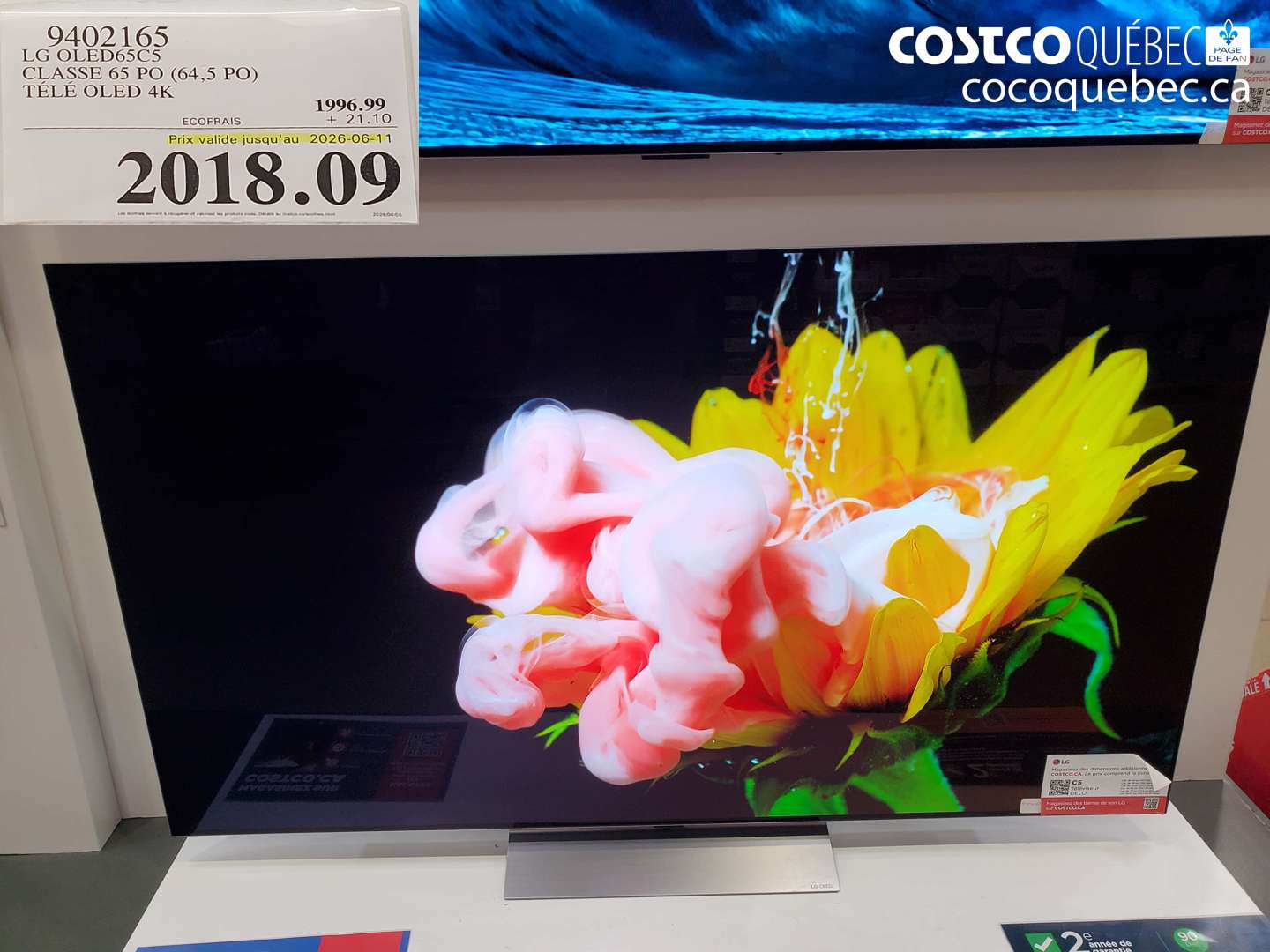9402165 LG OLED65C5 CLASSE 65 PO (64.5 PO) TÉLÉ OLED 4K (EXPIRES ON 2026-06-11) $2018.09