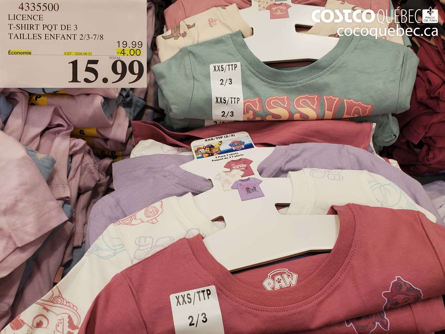 4335500 LICENCE T-SHIRT PQT DE 3 TAILLES ENFANT 2/3-7/8 ($4.00 INSTANT SAVINGS EXPIRES ON 2026-06-21) $15.99