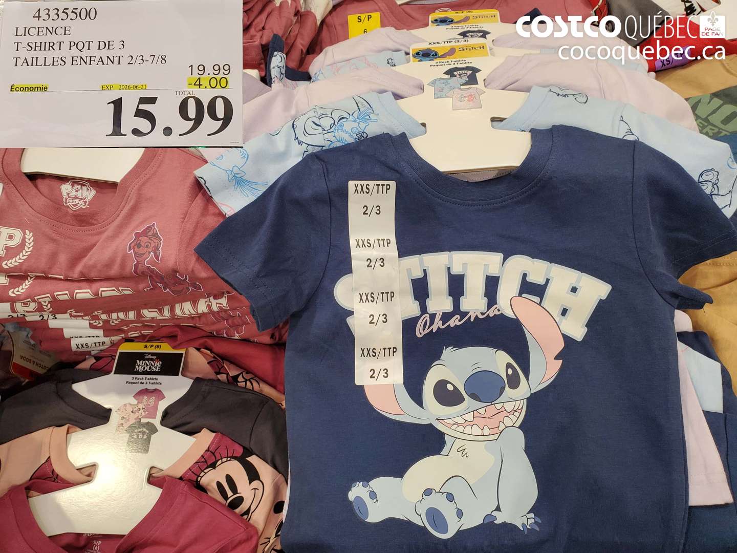 4335500 LICENCE T-SHIRT PQT DE 3 TAILLES ENFANT 2/3-7/8 ($4.00 INSTANT SAVINGS EXPIRES ON 2026-06-21) $15.99