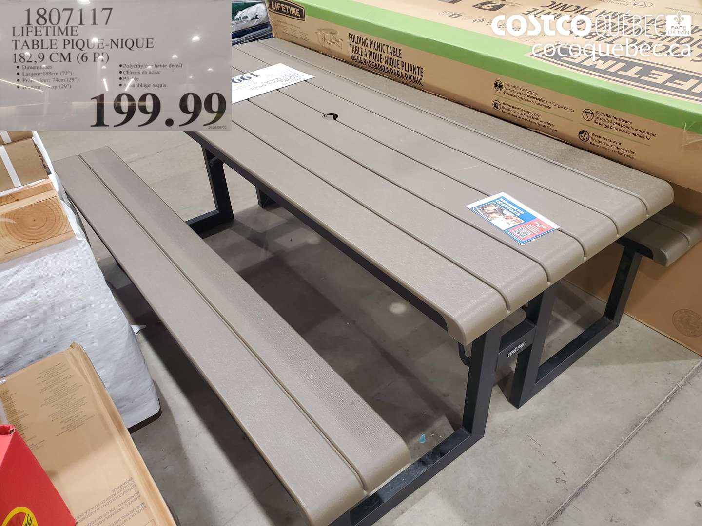 1807117 LIFETIME TABLE PIQUE-NIQUE 182.9 CM (6 PI) $199.99