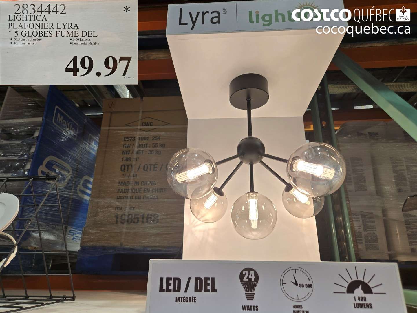 2834442 LIGHTICA PLAFONIER LYRA 5 GLOBES FUMÉ DEL $49.97