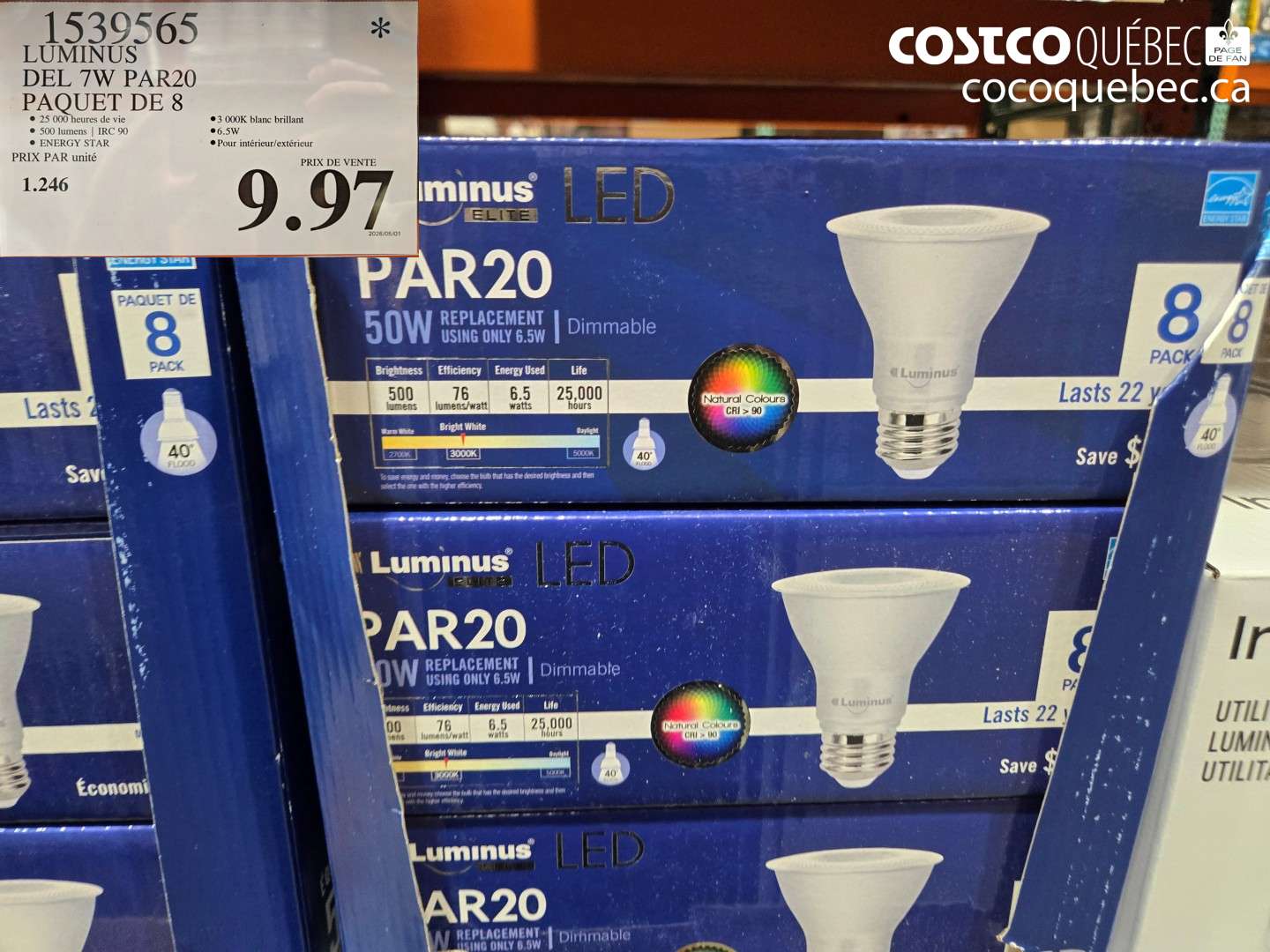 1539565 LUMINUS DEL 7W PAR20 PAQUET DE 8 $9.97