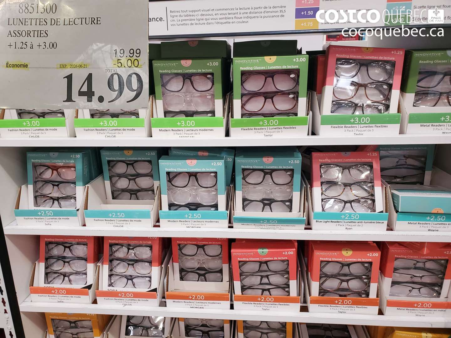 8851300 LUNETTES DE LECTURE ASSORTIES +1.25 À +3.00 ($5.00 INSTANT SAVINGS EXPIRES ON 2026-06-21) $14.99