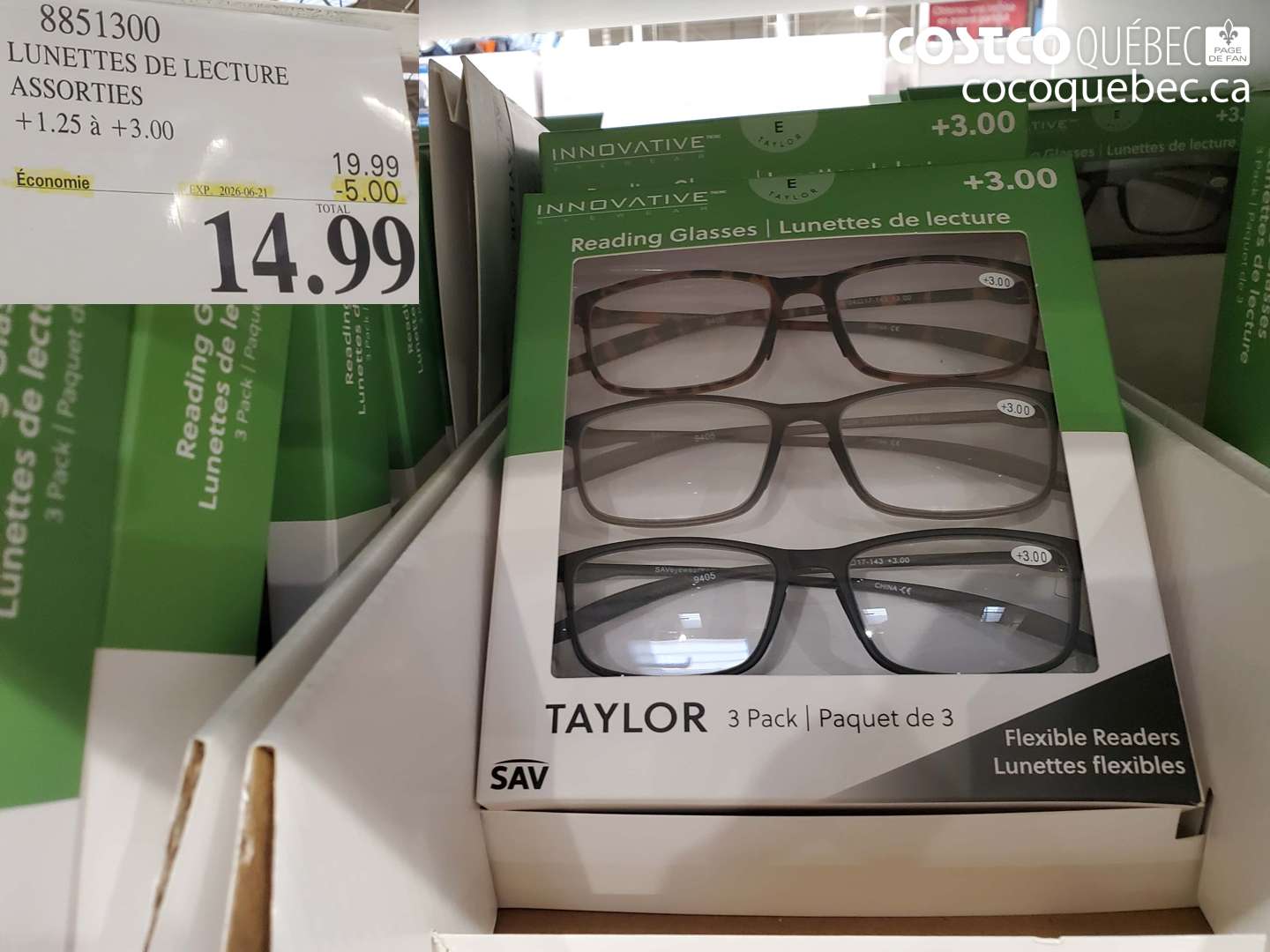 8851300 LUNETTES DE LECTURE ASSORTIES +1.25 À +3.00 ($5.00 INSTANT SAVINGS EXPIRES ON 2026-06-21) $14.99
