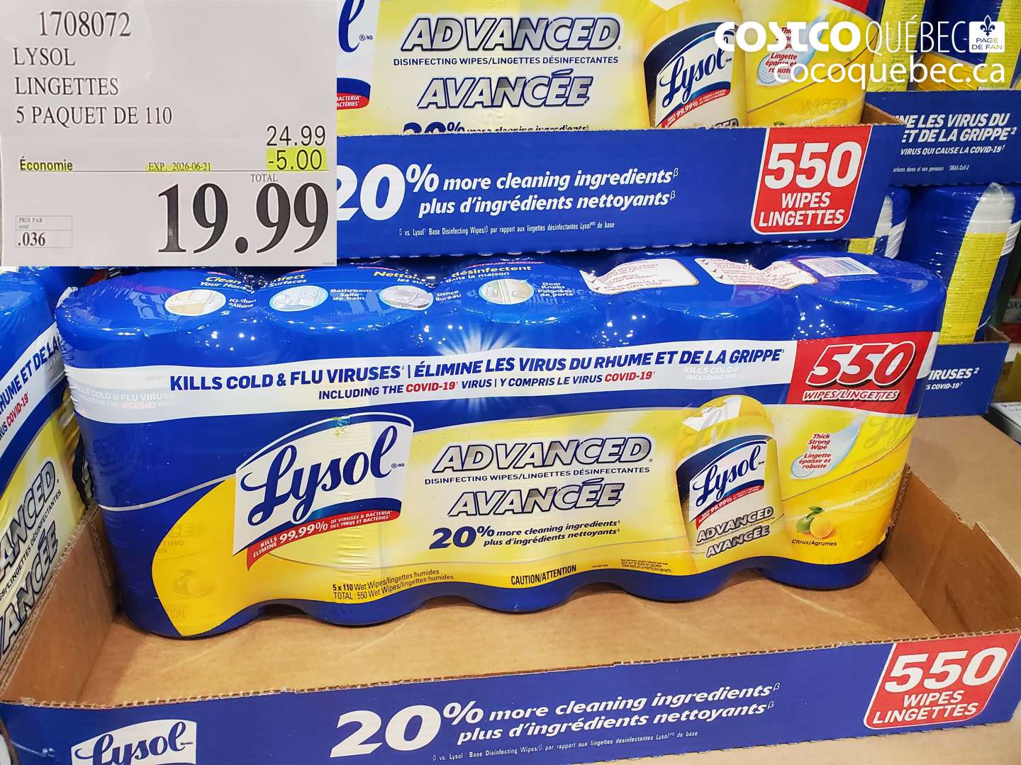 1708072 LYSOL LINGETTES 5 PAQUET DE 110 ($5.00 INSTANT SAVINGS EXPIRES ON 2026-06-21) $19.99