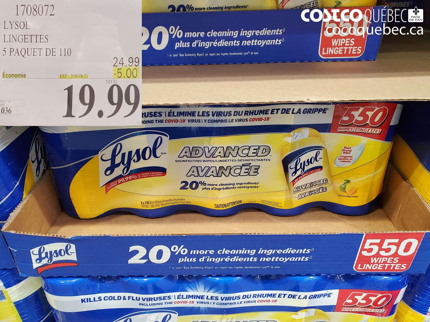 1708072 LYSOL LINGETTES 5 PAQUET DE 110 ($5.00 INSTANT SAVINGS EXPIRES ON 2026-06-21) $19.99