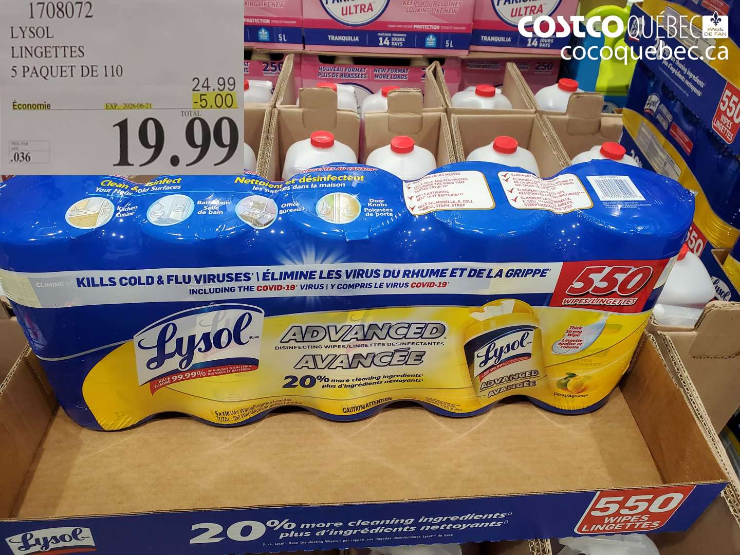 1708072 LYSOL LINGETTES 5 PAQUET DE 110 ($5.00 INSTANT SAVINGS EXPIRES ON 2026-06-21) $19.99