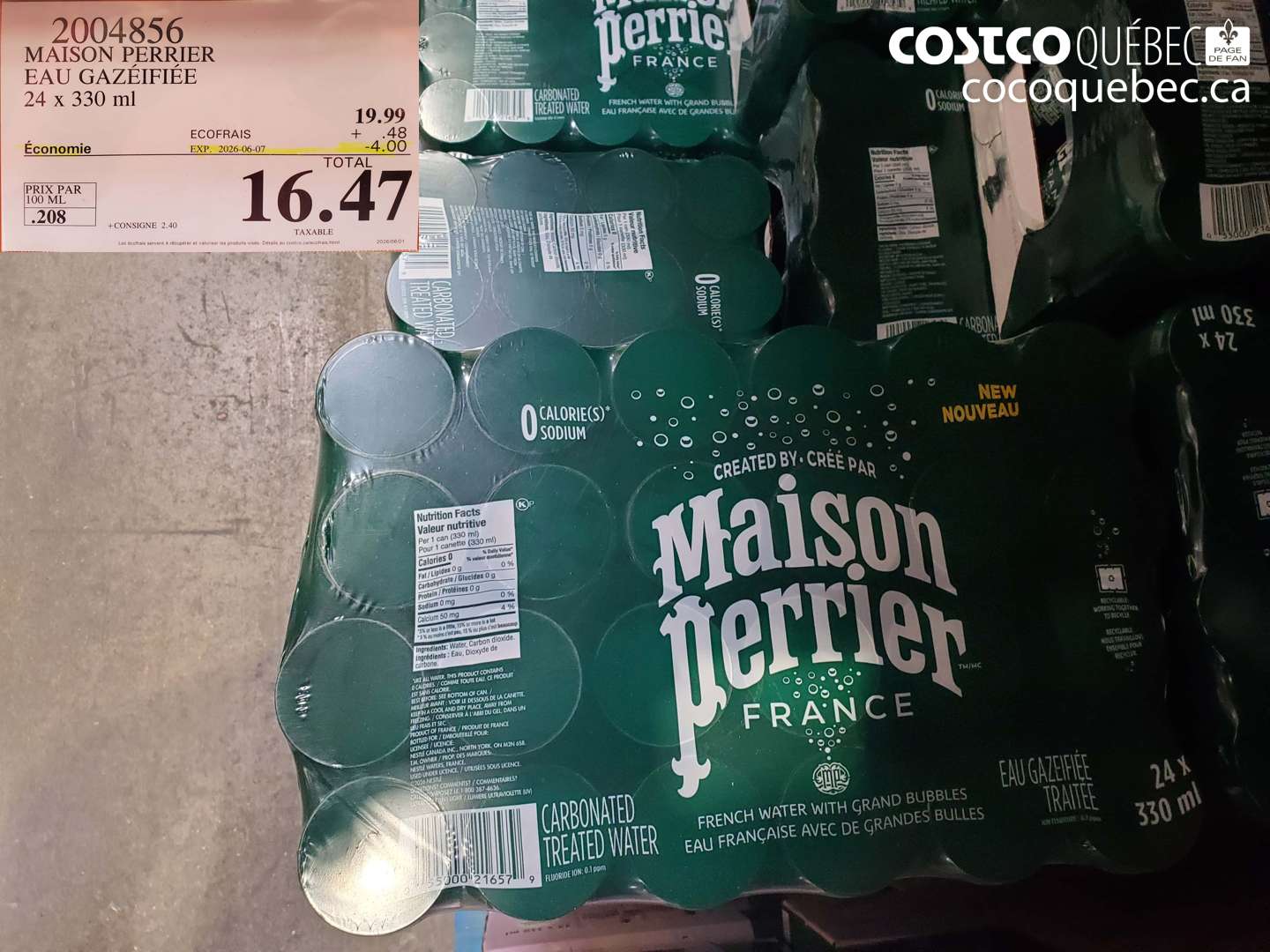 2004856 MAISON PERRIER EAU GAZÉIFIÉE 24 X 330 ML ($4.00 INSTANT SAVINGS EXPIRES ON 2026-06-07) $16.47