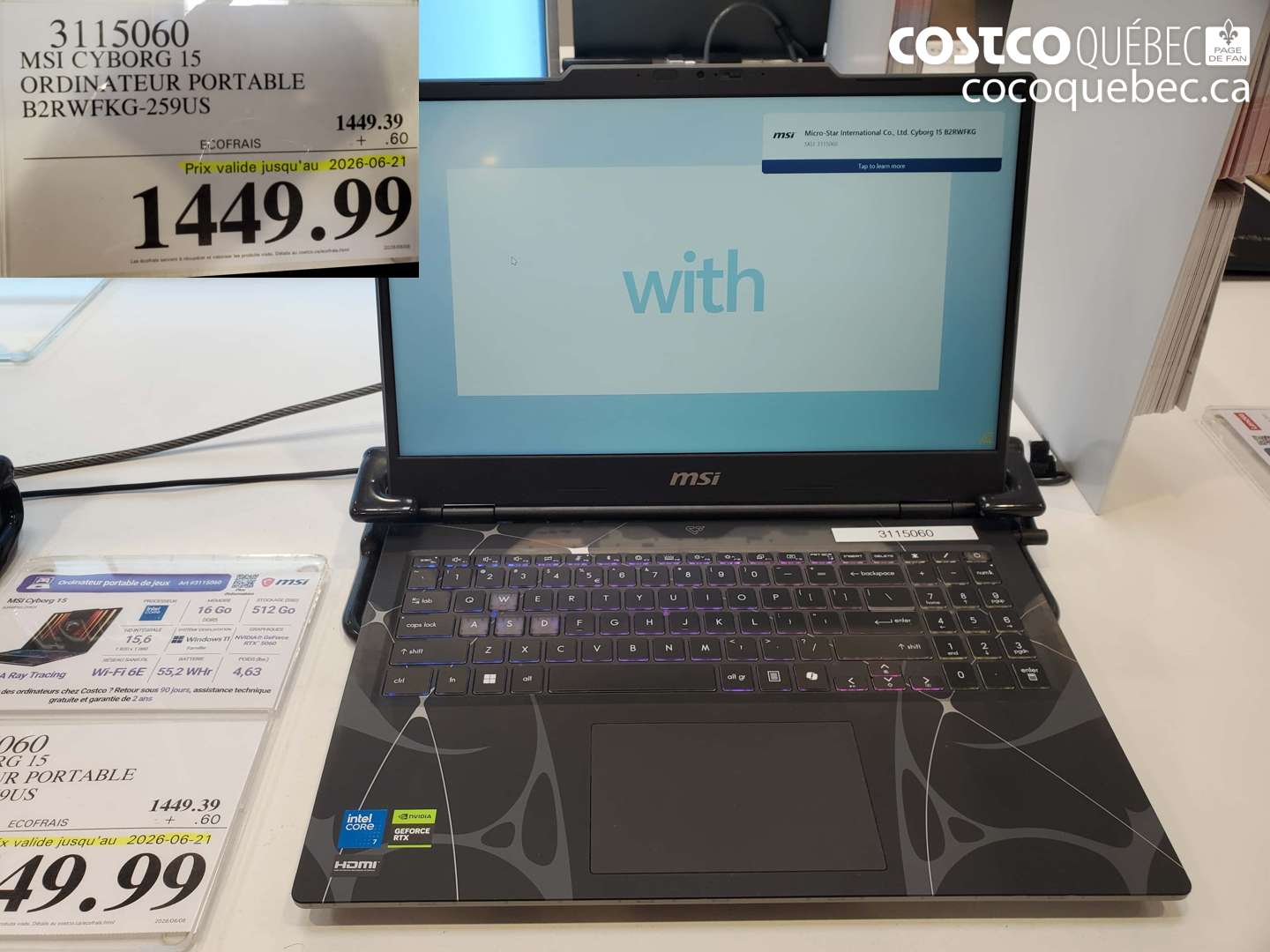 3115060 MSI CYBORG 15 ORDINATEUR PORTABLE B2RWFKG-259US (EXPIRES ON 2026-06-21) $1449.99