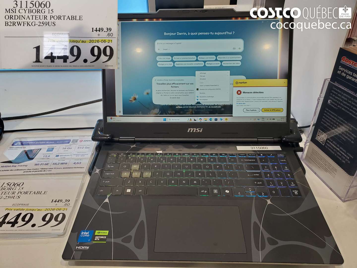 3115060 MSI CYBORG 15 ORDINATEUR PORTABLE B2RWFKG-259US (EXPIRES ON 2026-06-21) $1449.99