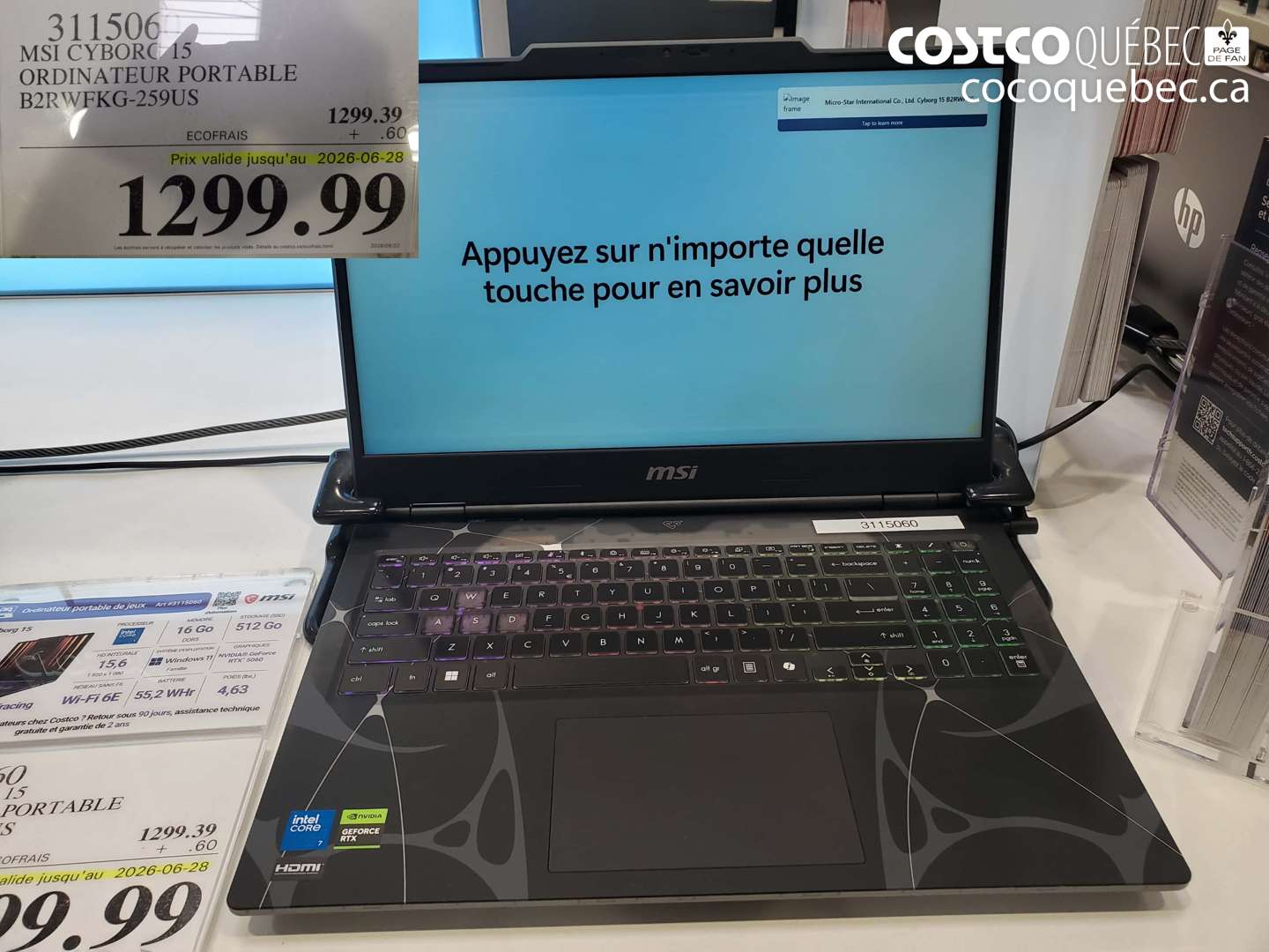 3115060 MSI CYBORG 15 ORDINATEUR PORTABLE B2RWFKG-259US (EXPIRES ON 2026-06-28) $1299.99