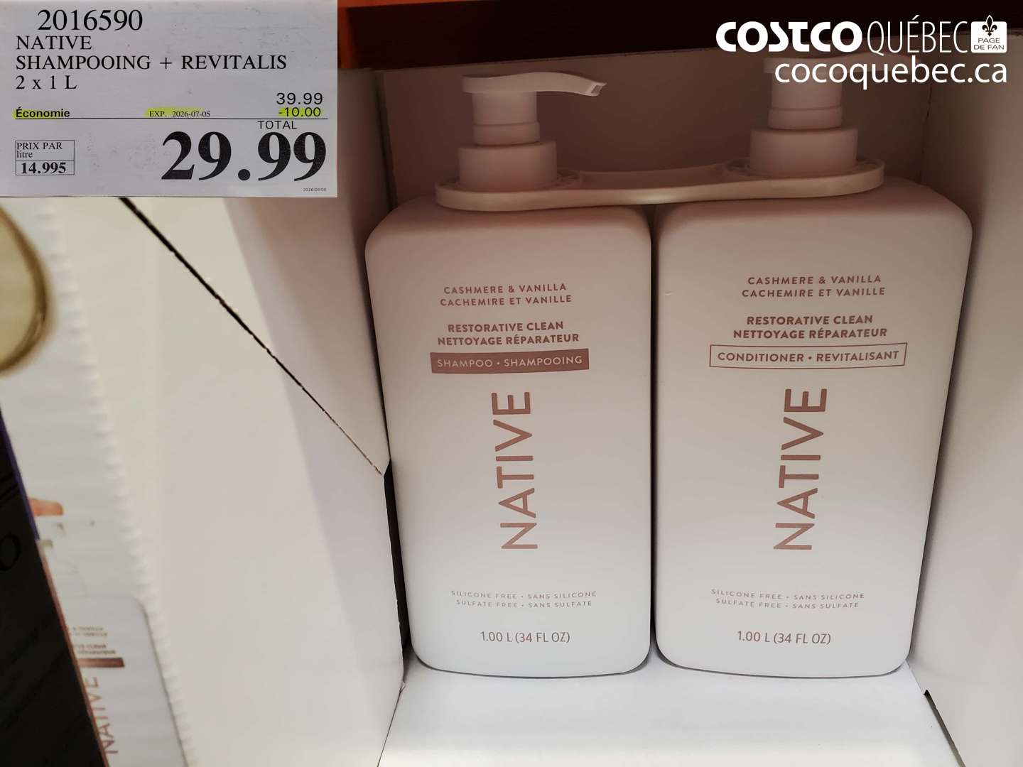 2016590 NATIVE SHAMPOOING + REVITALIS 2 X 1 L ($10.00 INSTANT SAVINGS EXPIRES ON 2026-07-05) $29.99
