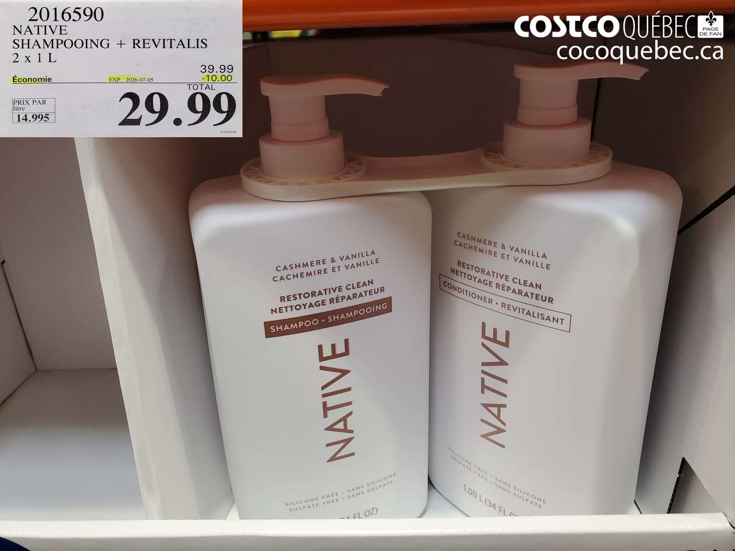 2016590 NATIVE SHAMPOOING + REVITALIS 2 X 1 L ($10.00 INSTANT SAVINGS EXPIRES ON 2026-07-05) $29.99