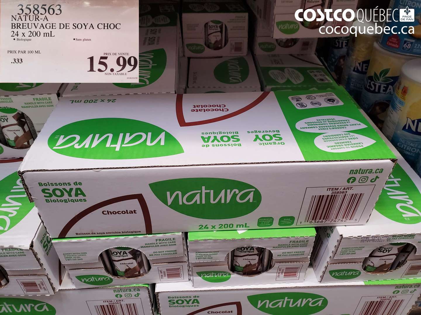 358563 NATUR-A BREUVAGE DE SOYA CHOC 24 X 200 ML $15.99