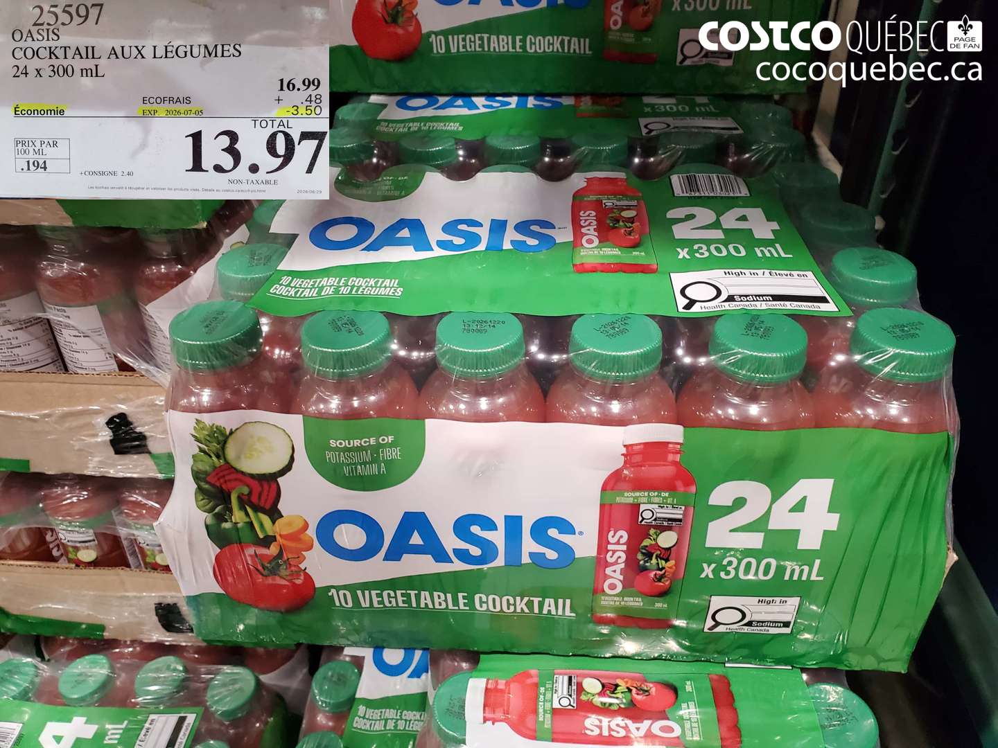 25597 OASIS COCKTAIL AUX LÉGUMES 24 X 300 ML ($3.50 INSTANT SAVINGS EXPIRES ON 2026-07-05) $13.97