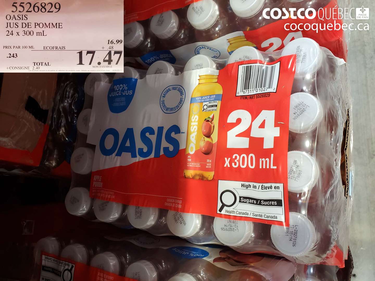 5526829 OASIS JUS DE POMME 24 X 300 ML $17.47