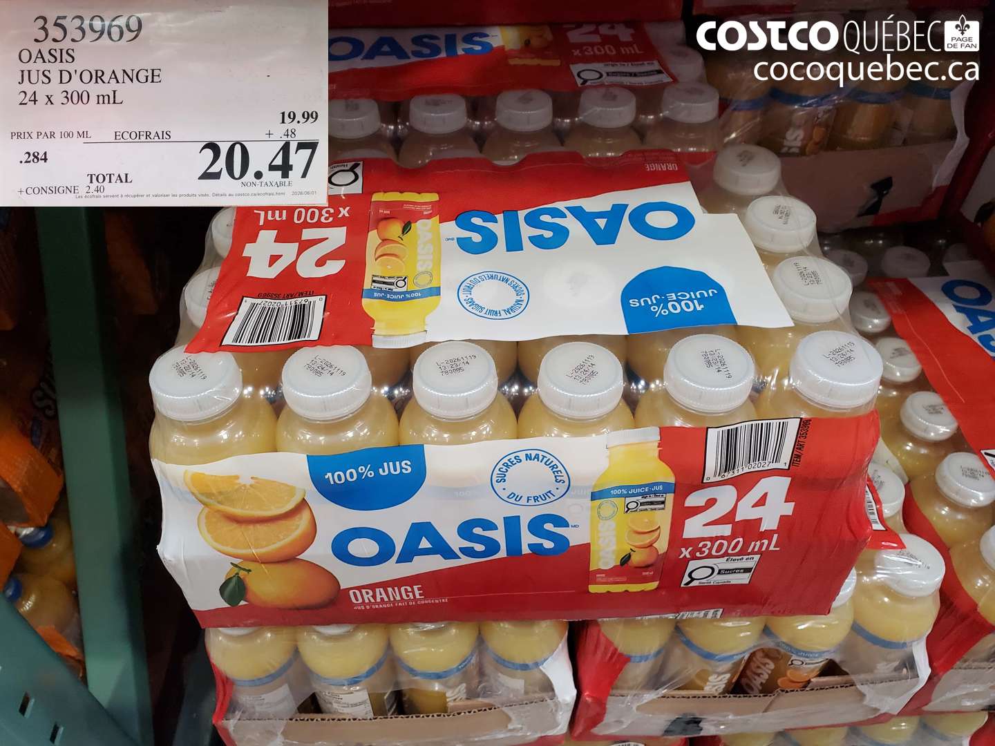 353969 OASIS JUS D'ORANGE 24 X 300 ML $20.47