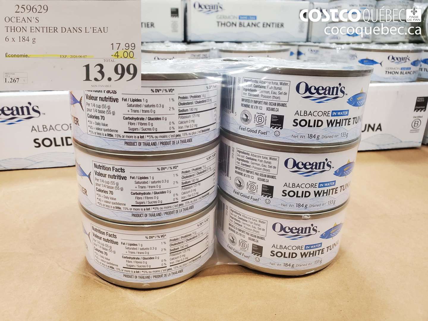 259629 OCEAN'S THON ENTIER DANS L'EAU 6 X 184 G ($4.00 INSTANT SAVINGS EXPIRES ON 2026-06-07) $13.99