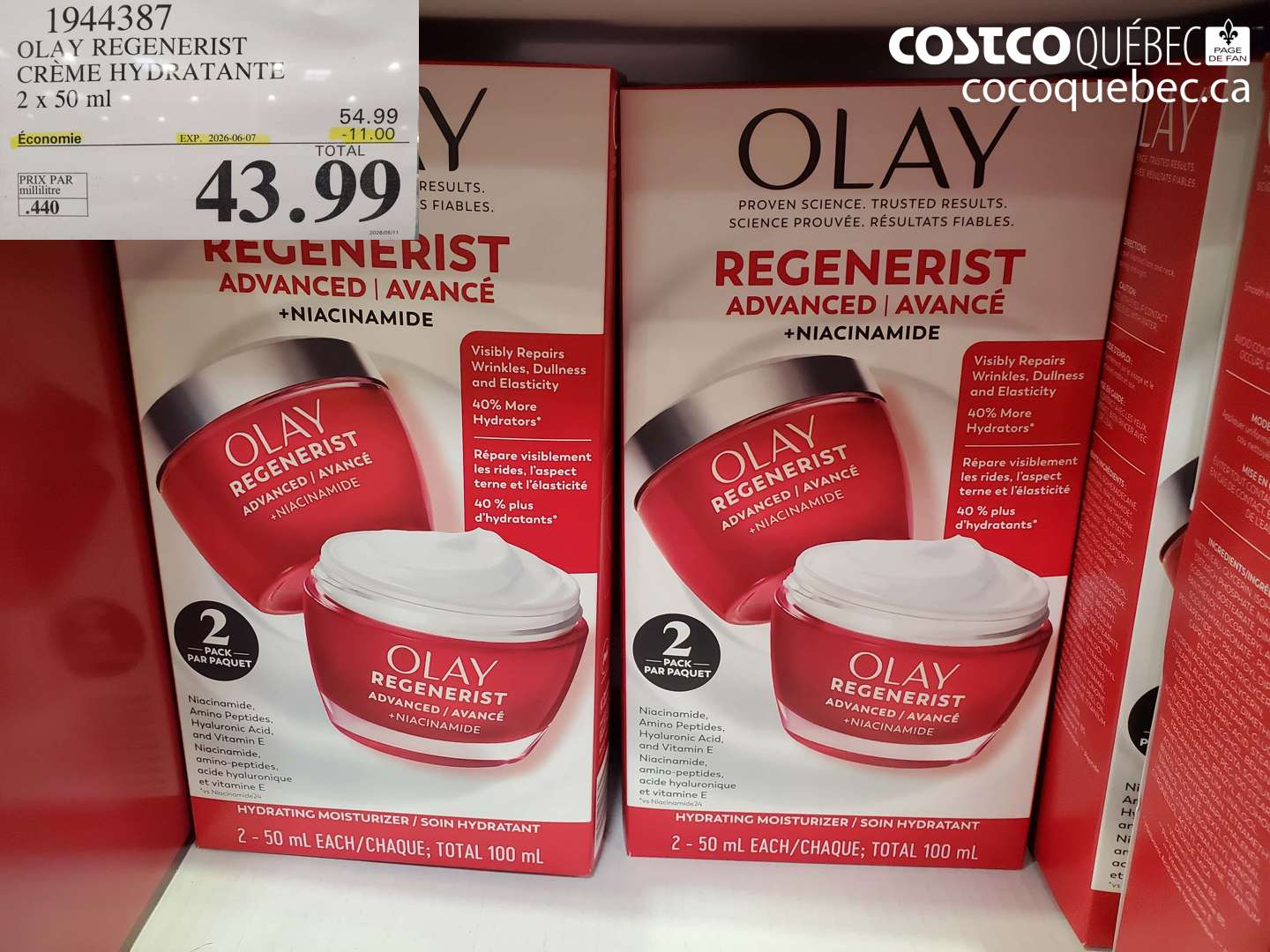 1944387 OLAY REGENERIST CRÈME HYDRATANTE 2 X 50 ML ($11.00 INSTANT SAVINGS EXPIRES ON 2026-06-07) $43.99