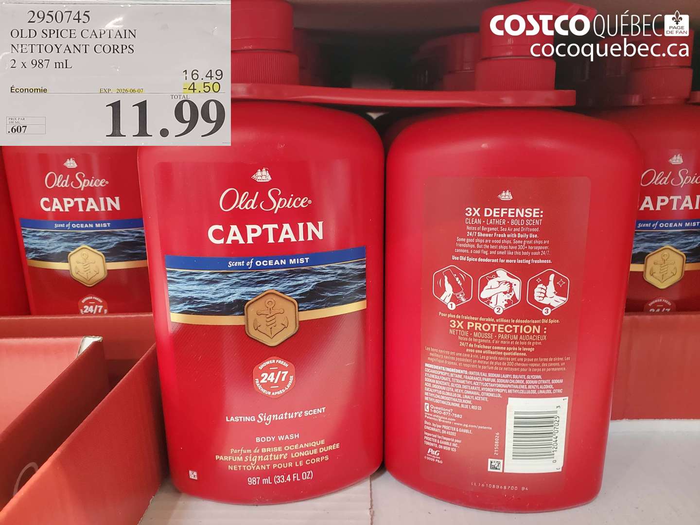 2950745 OLD SPICE CAPTAIN NETTOYANT CORPS 2 X 987 ML ($4.50 INSTANT SAVINGS EXPIRES ON 2026-06-07) $11.99