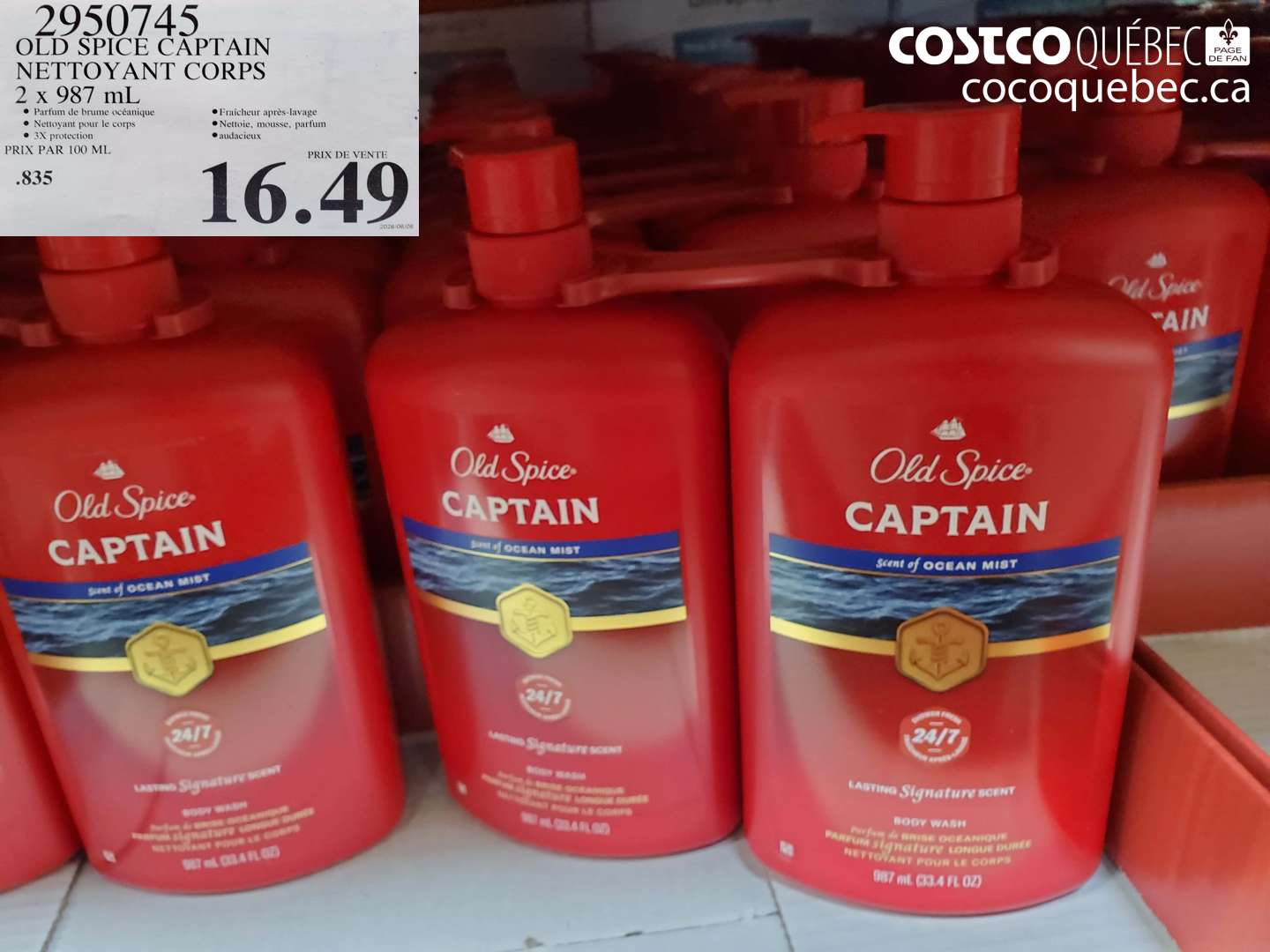 2950745 OLD SPICE CAPTAIN NETTOYANT CORPS 2 X 987 ML $16.49
