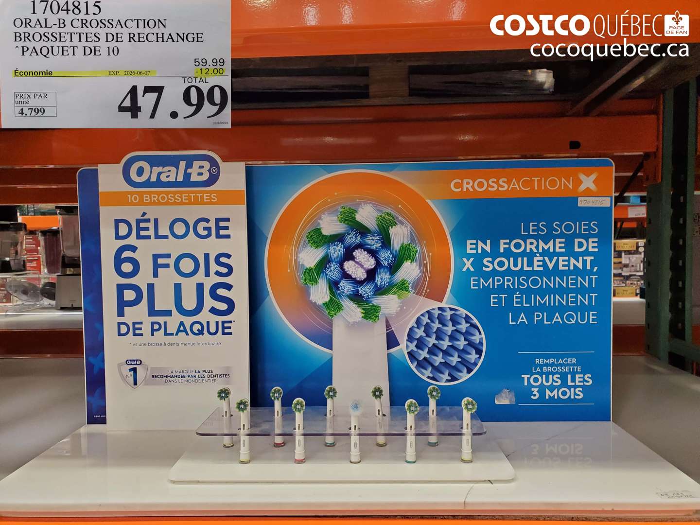 1704815 ORAL-B CROSSACTION BROSSETTES DE RECHANGE PAQUET DE 10 ($12.00 INSTANT SAVINGS EXPIRES ON 2026-06-07) $47.99