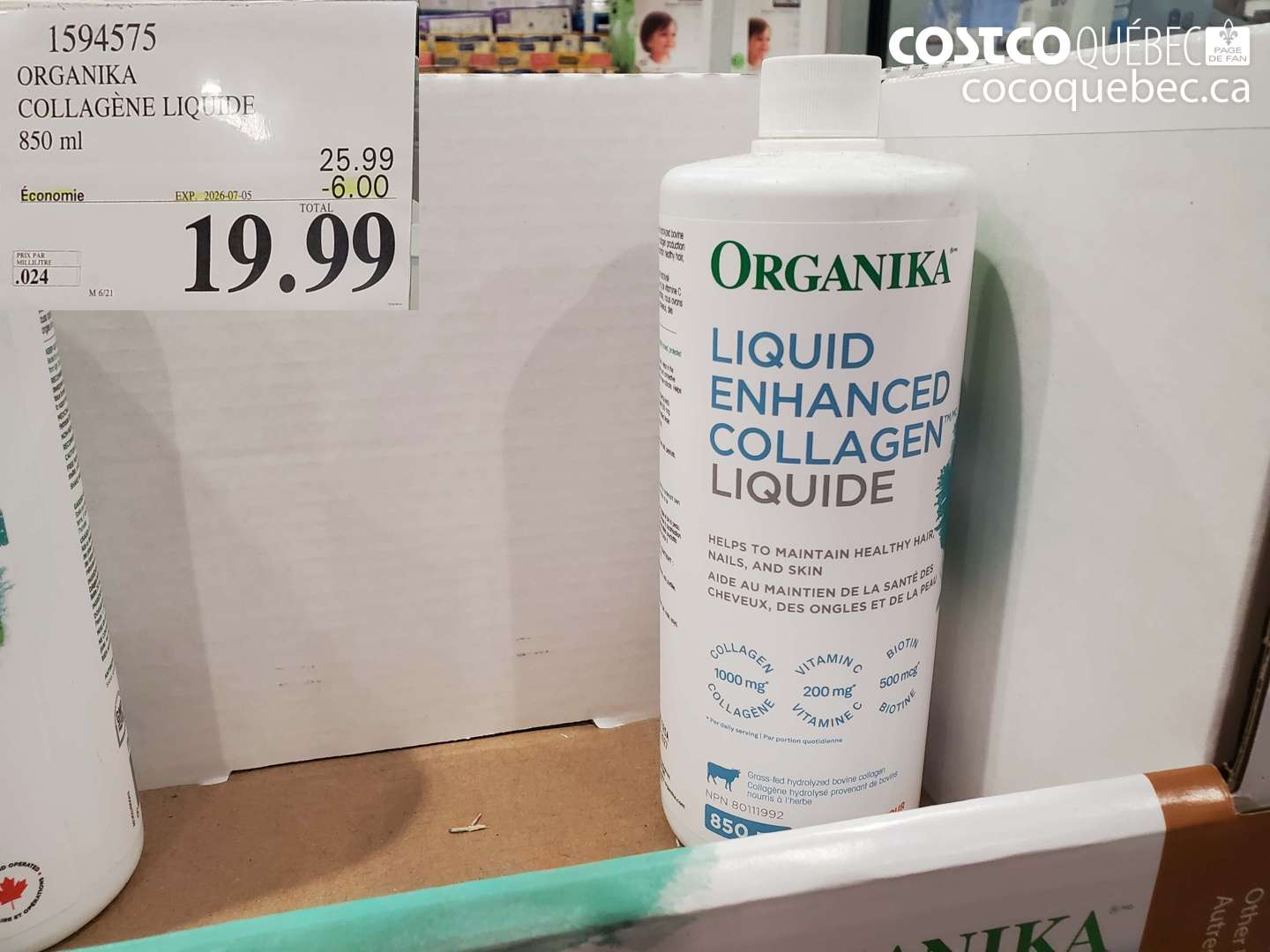 1594575 ORGANIKA COLLAGÈNE LIQUIDE 850 ML ($6.00 INSTANT SAVINGS EXPIRES ON 2026-07-05) $19.99