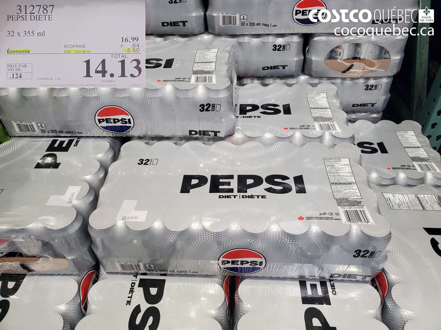 312787 PEPSI DIETE 32 X 355 ML ($3.50 INSTANT SAVINGS EXPIRES ON 2026-06-28) $14.13