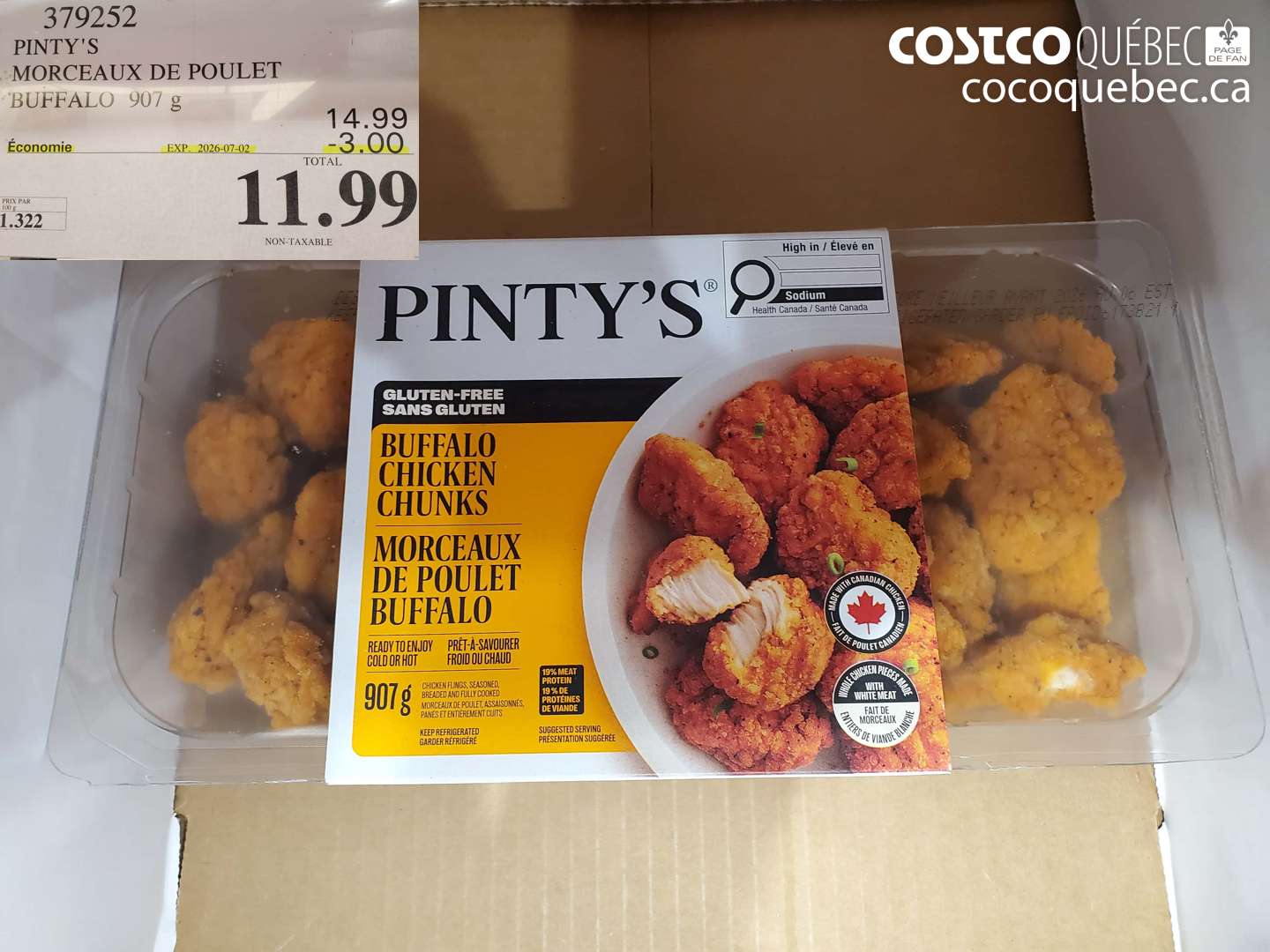 379252 PINTY'S MORCEAUX DE POULET BUFFALO 907 G ($3.00 INSTANT SAVINGS EXPIRES ON 2026-07-02) $11.99