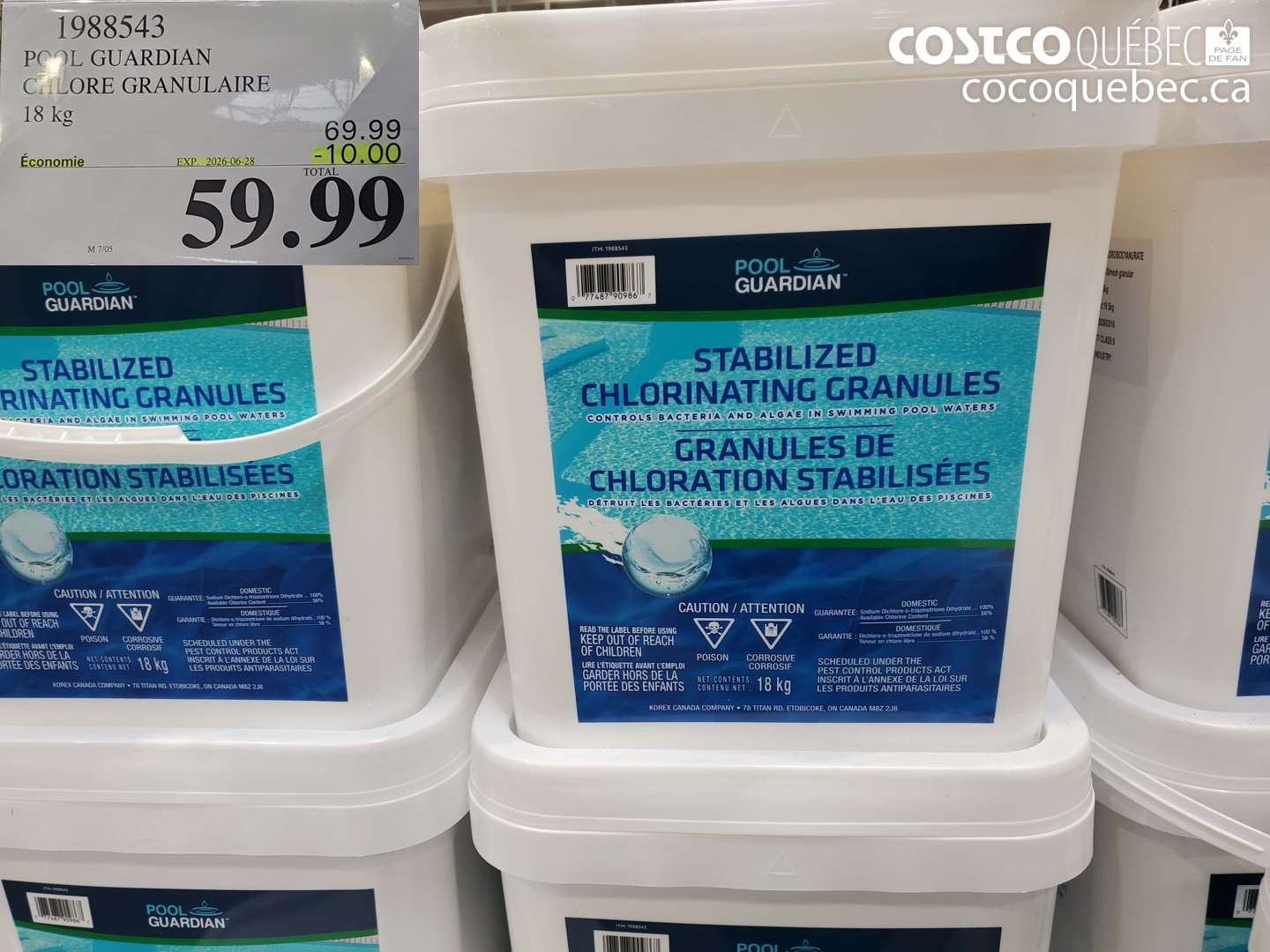 1988543 POOL GUARDIAN CHLORE GRANULAIRE 18 KG ($10.00 INSTANT SAVINGS EXPIRES ON 2026-06-28) $59.99