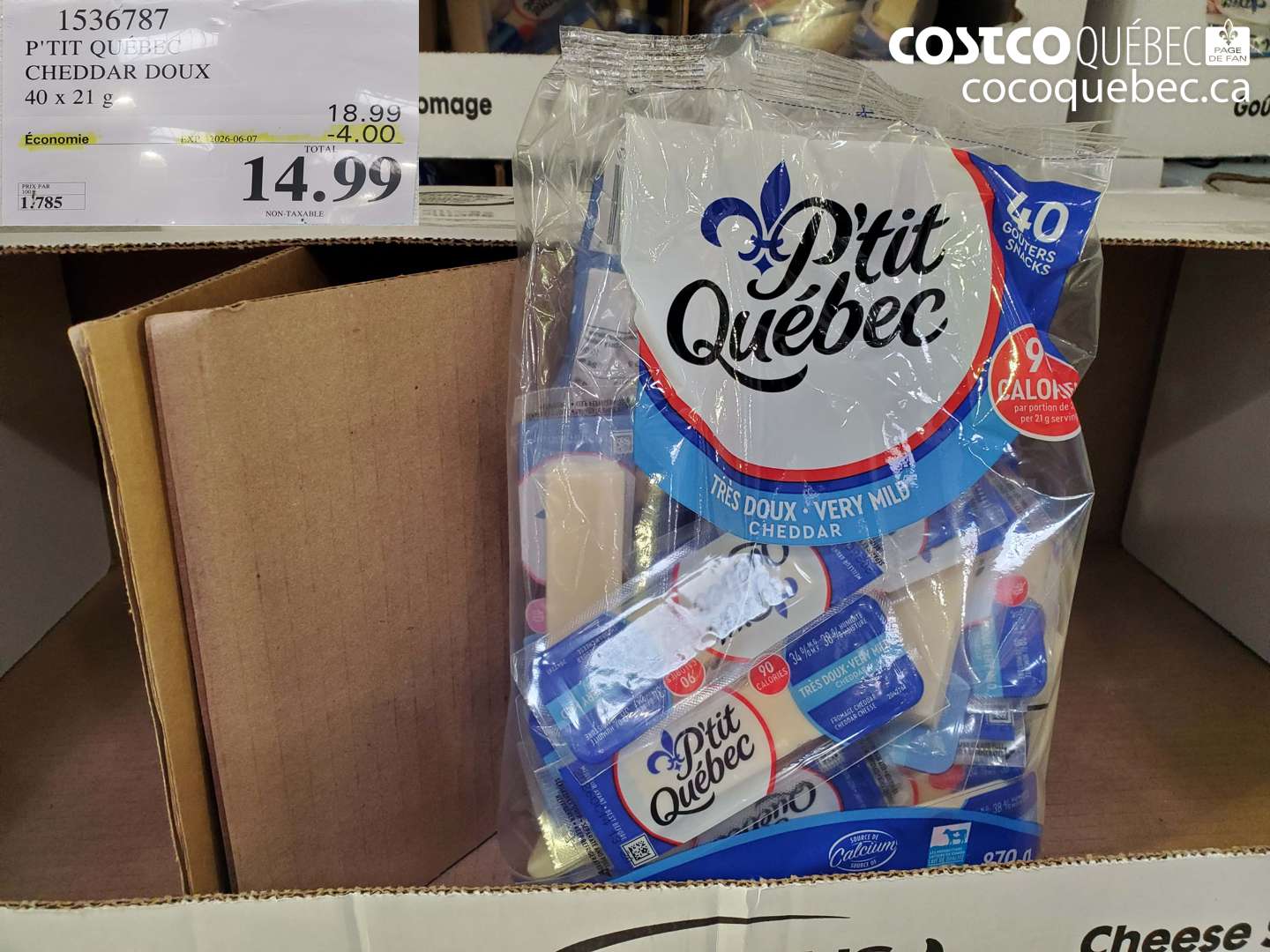 1536787 P'TIT QUEBEC CHEDDAR DOUX 40 X 21 G ($4.00 INSTANT SAVINGS EXPIRES ON 2026-06-07) $14.99