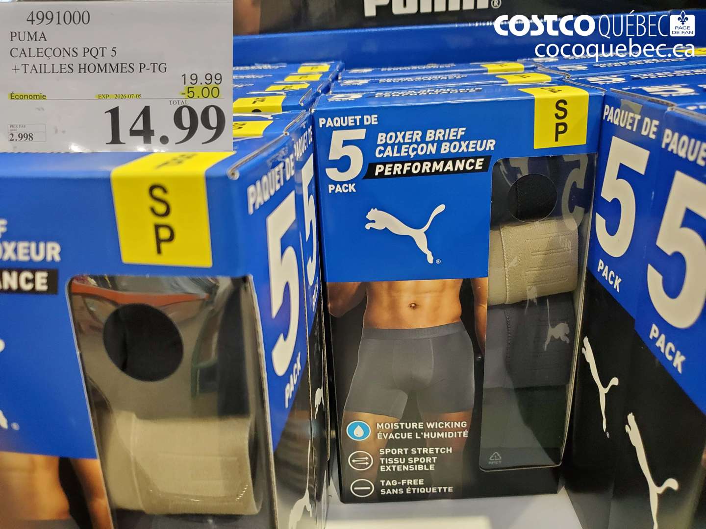 4991000 PUMA CALEÇONS PQT 5 +TAILLES HOMMES P-TG ($5.00 INSTANT SAVINGS EXPIRES ON 2026-07-05) $14.99