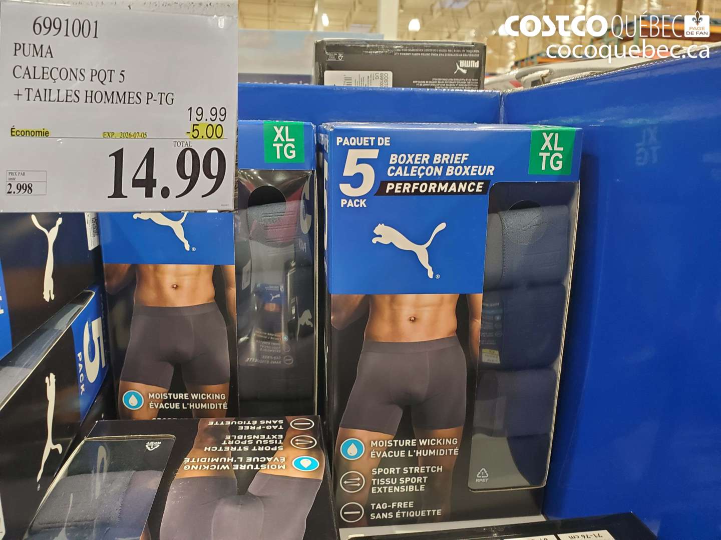 6991001 PUMA CALEÇONS PQT 5 +TAILLES HOMMES P-TG ($5.00 INSTANT SAVINGS EXPIRES ON 2026-07-05) $14.99