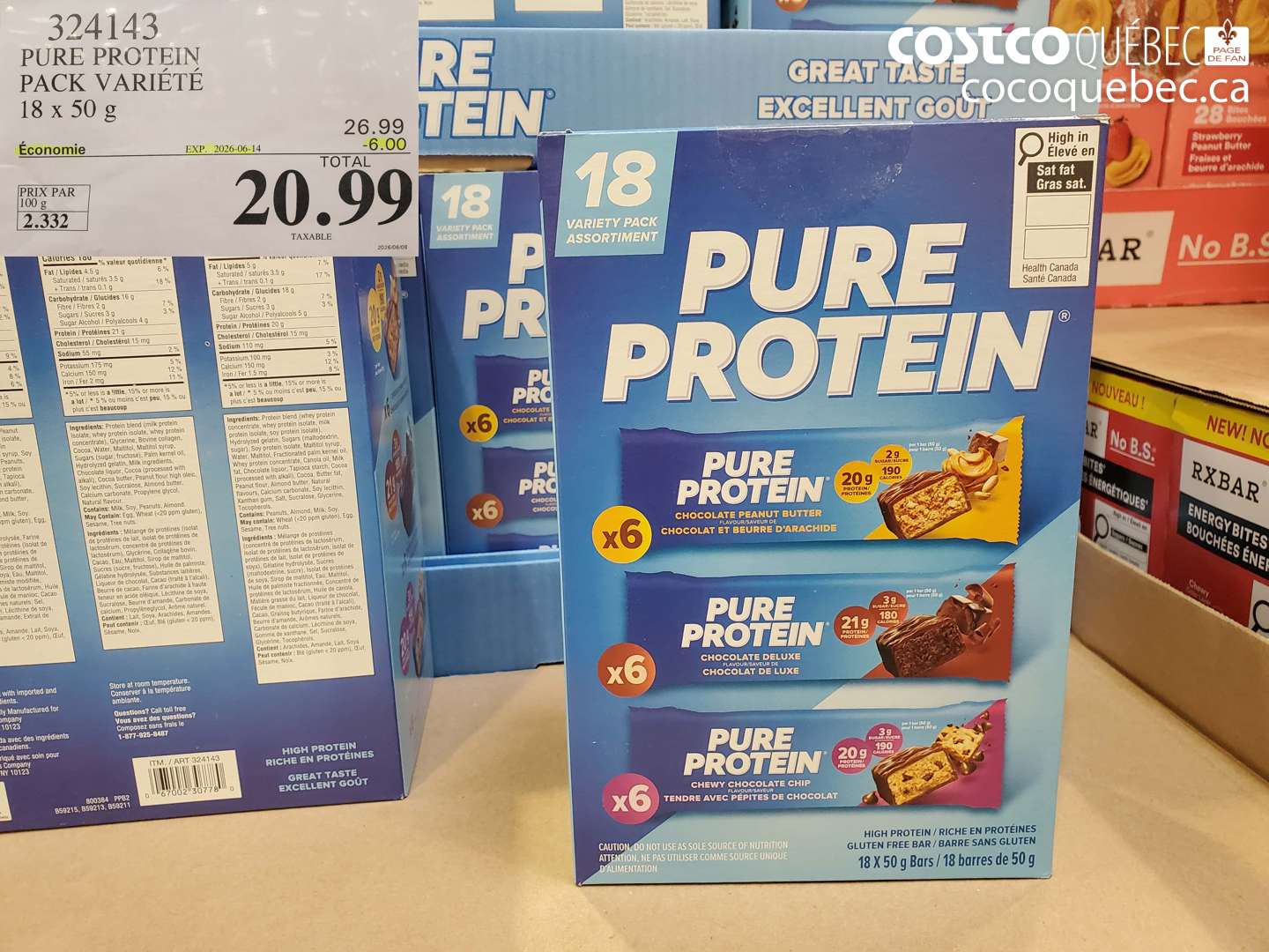 324143 PURE PROTEIN PACK VARIÉTÉ 18 x 50 G ($6.00 INSTANT SAVINGS EXPIRES ON 2026-06-14) $20.99