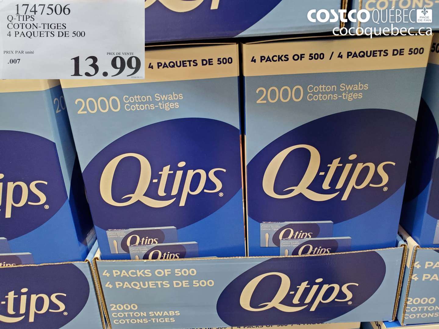 1747506 Q-TIPS COTON-TIGES 4 PAQUETS DE 500 $13.99