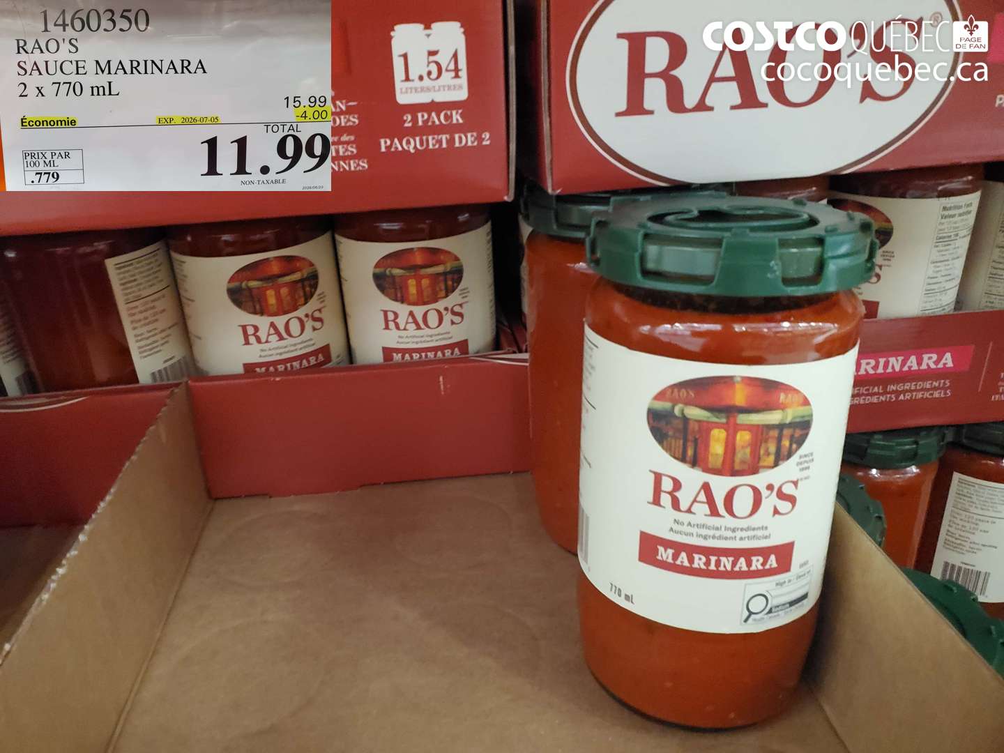 1460350 RAO'S SAUCE MARINARA 2 X 770 ML ($4.00 INSTANT SAVINGS EXPIRES ON 2026-07-05) $11.99