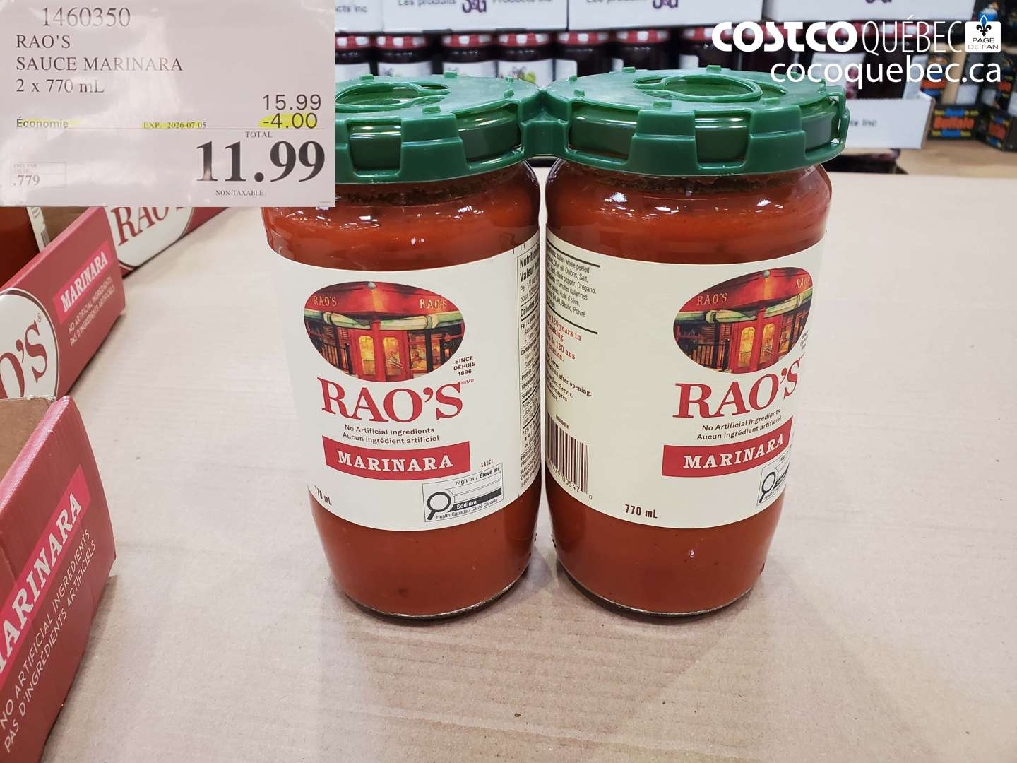 1460350 RAO'S SAUCE MARINARA 2 x 770 ML ($4.00 INSTANT SAVINGS EXPIRES ON 2026-07-05) $11.99