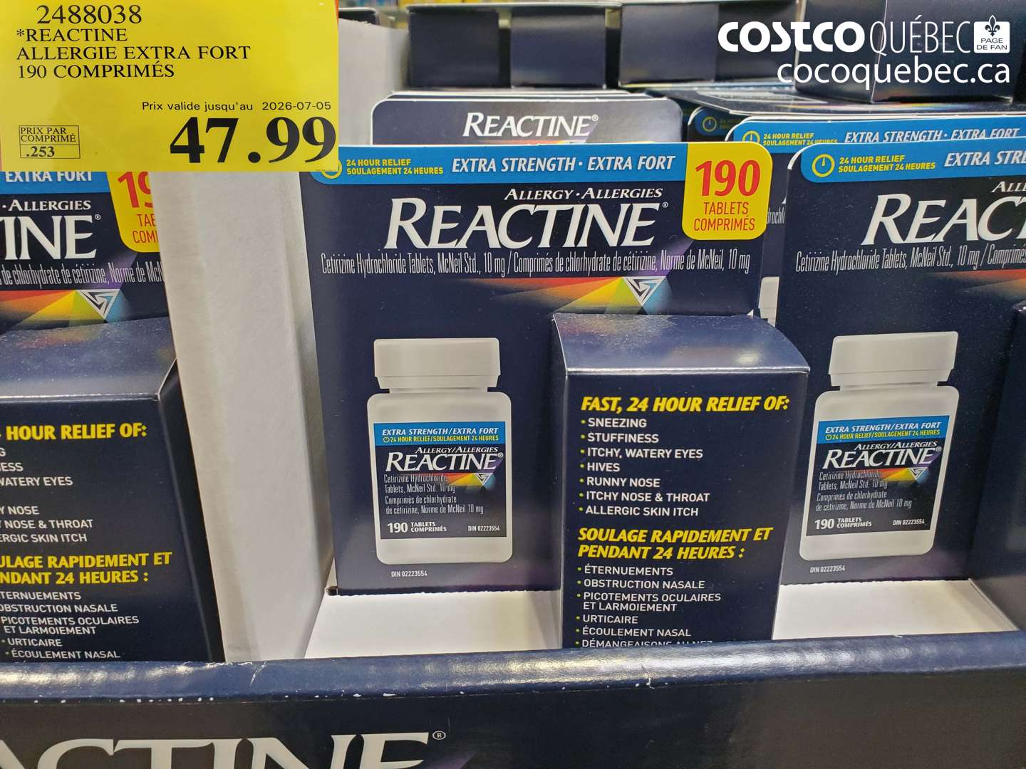 2488038 REACTINE ALLERGIE EXTRA FORT 190 COMPRIMÉS (EXPIRES ON 2026-07-05) $47.99