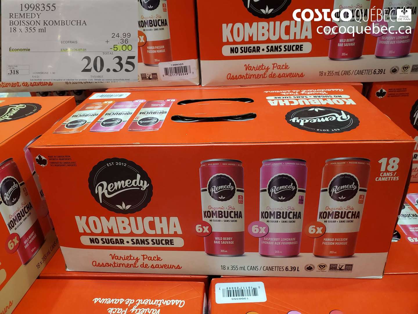 1998355 REMEDY BOISSON KOMBUCHA 18 X 355 ML ($5.00 INSTANT SAVINGS EXPIRES ON 2026-07-05) $20.35