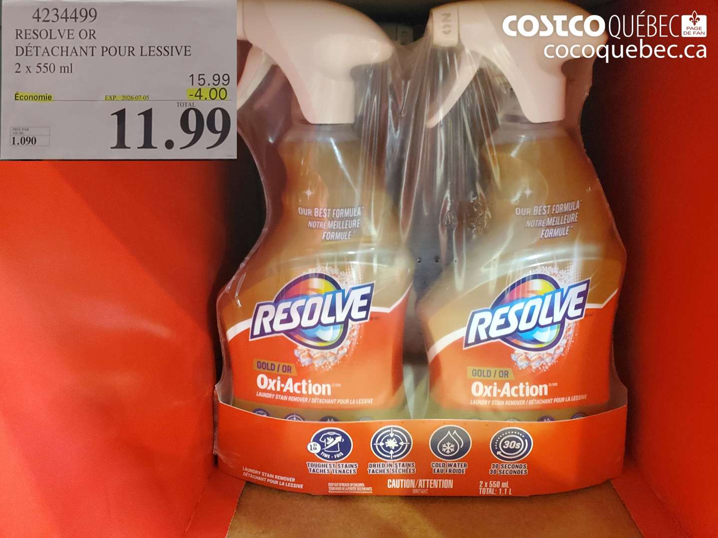 4234499 RESOLVE OR DÉTACHANT POUR LESSIVE 2 X 550 ML ($4.00 INSTANT SAVINGS EXPIRES ON 2026-07-05) $11.99