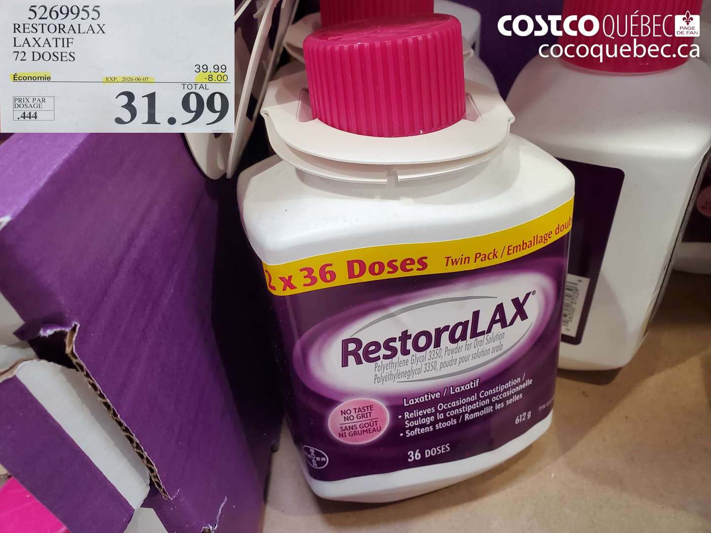 5269955 RESTORALAX LAXATIF 72 DOSES ($8.00 INSTANT SAVINGS EXPIRES ON 2026-06-07) $31.99