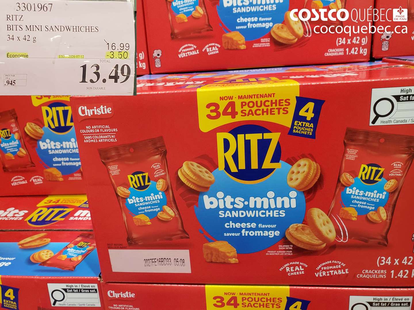 3301967 RITZ BITS MINI SANDWHICHES 32 X 42 G ($3.50 INSTANT SAVINGS EXPIRES ON 2026-07-12) $13.49